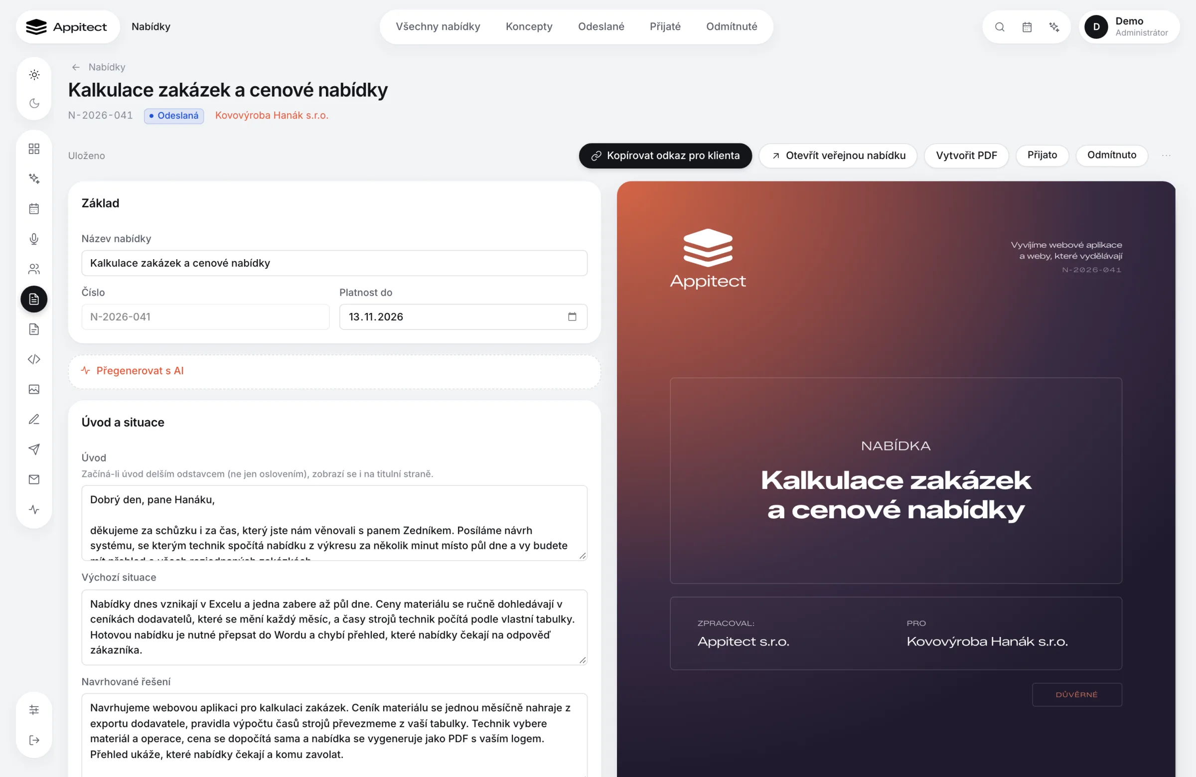 Návrh nabídky v Appitect HQ s úvodem, výchozí situací a náhledem PDF
