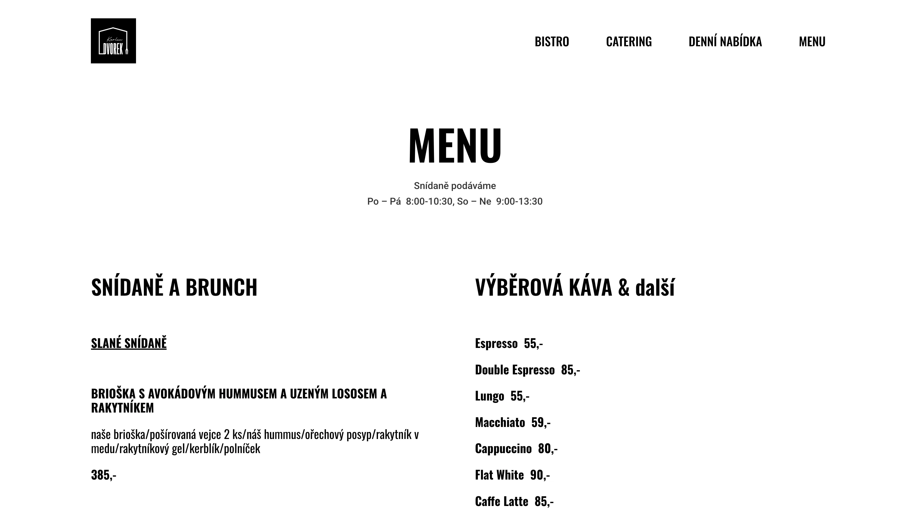 Původní stránka s menu