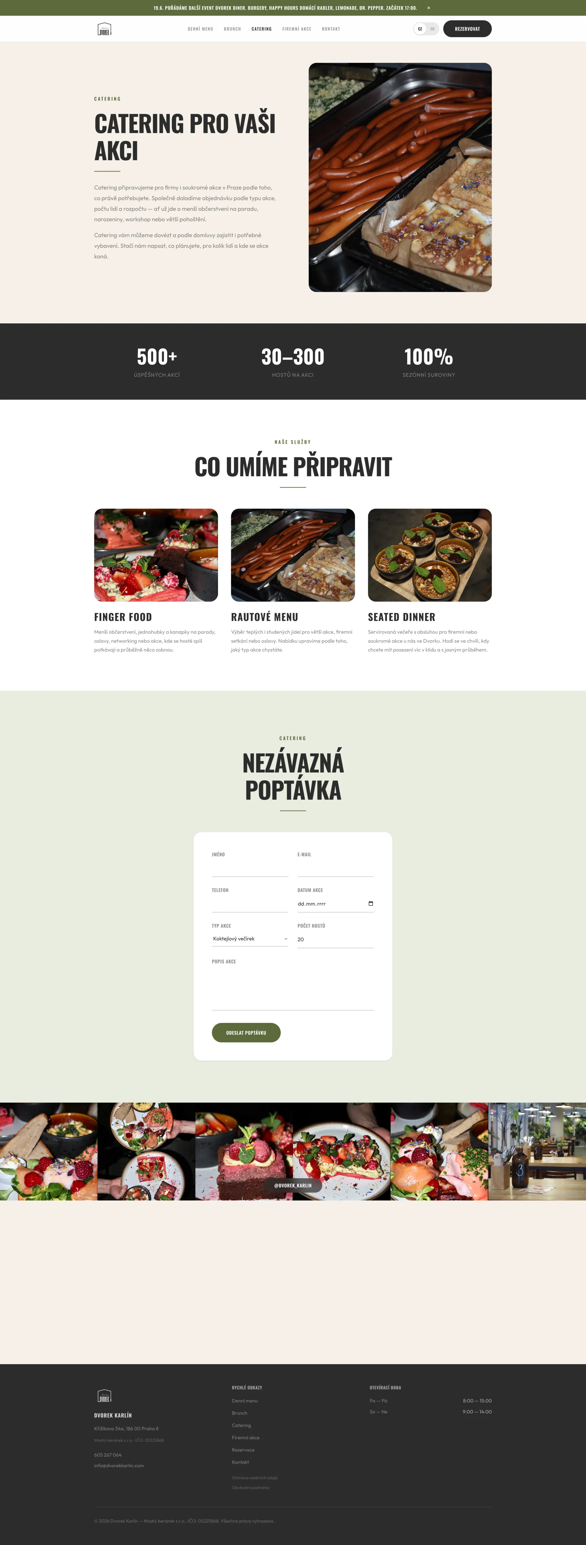Stránka cateringu s formulářem