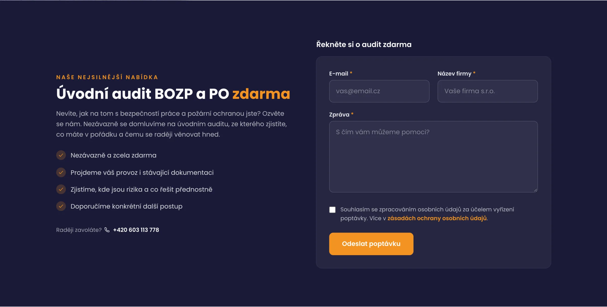 Formulář pro objednání úvodního auditu BOZP a PO zdarma
