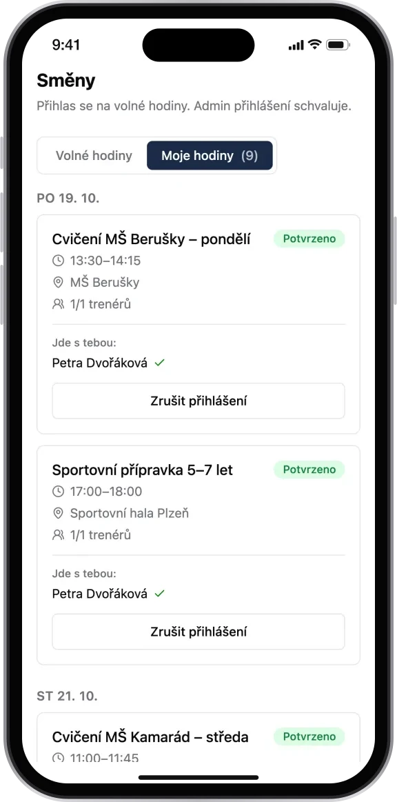 Odpracované hodiny trenéra v telefonu