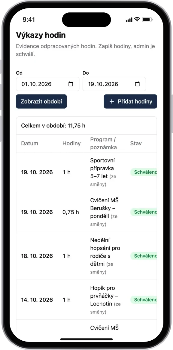 Výkaz hodin trenéra v telefonu