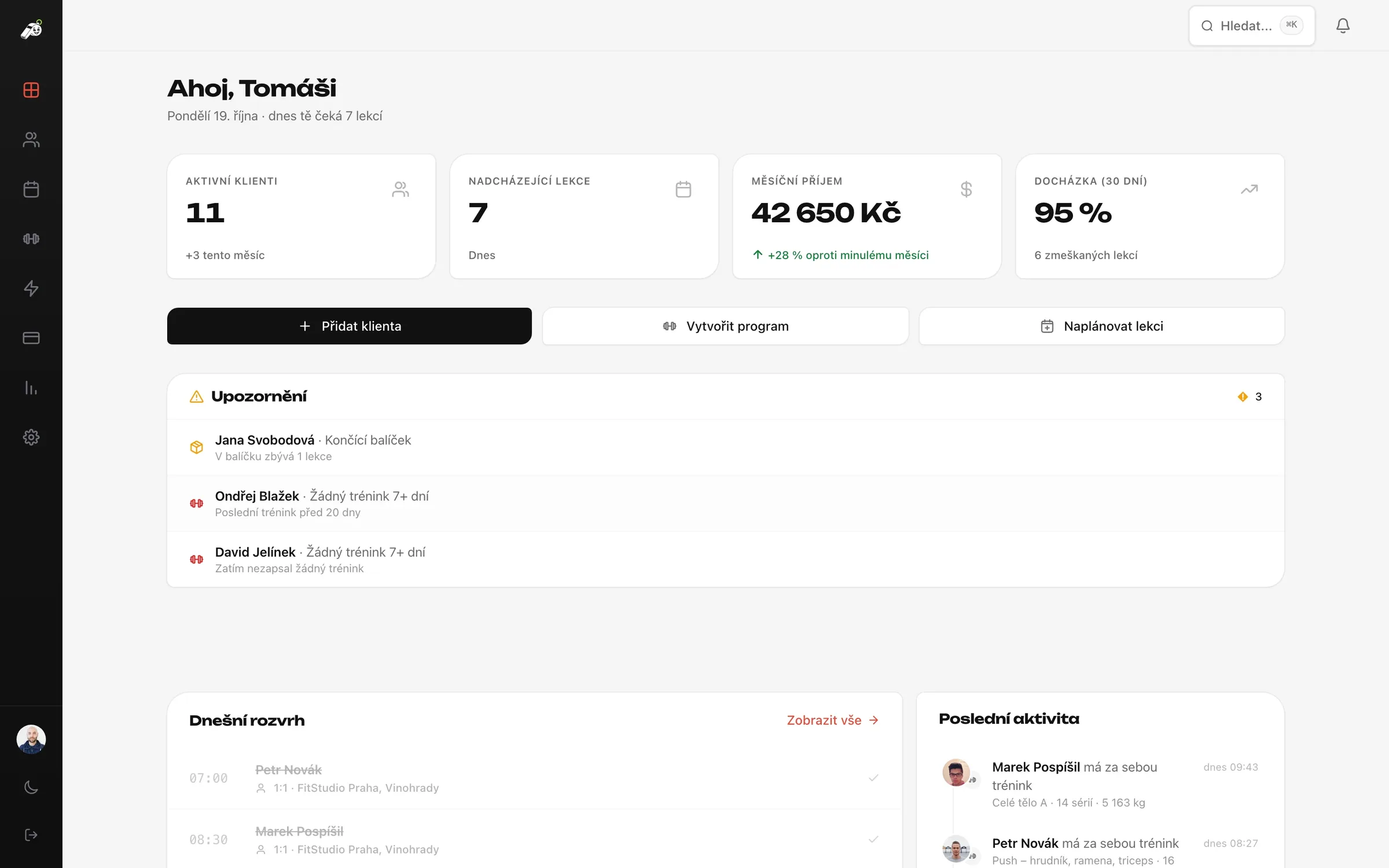Přehled trenéra v PocketCoach: klienti, lekce, příjem a upozornění